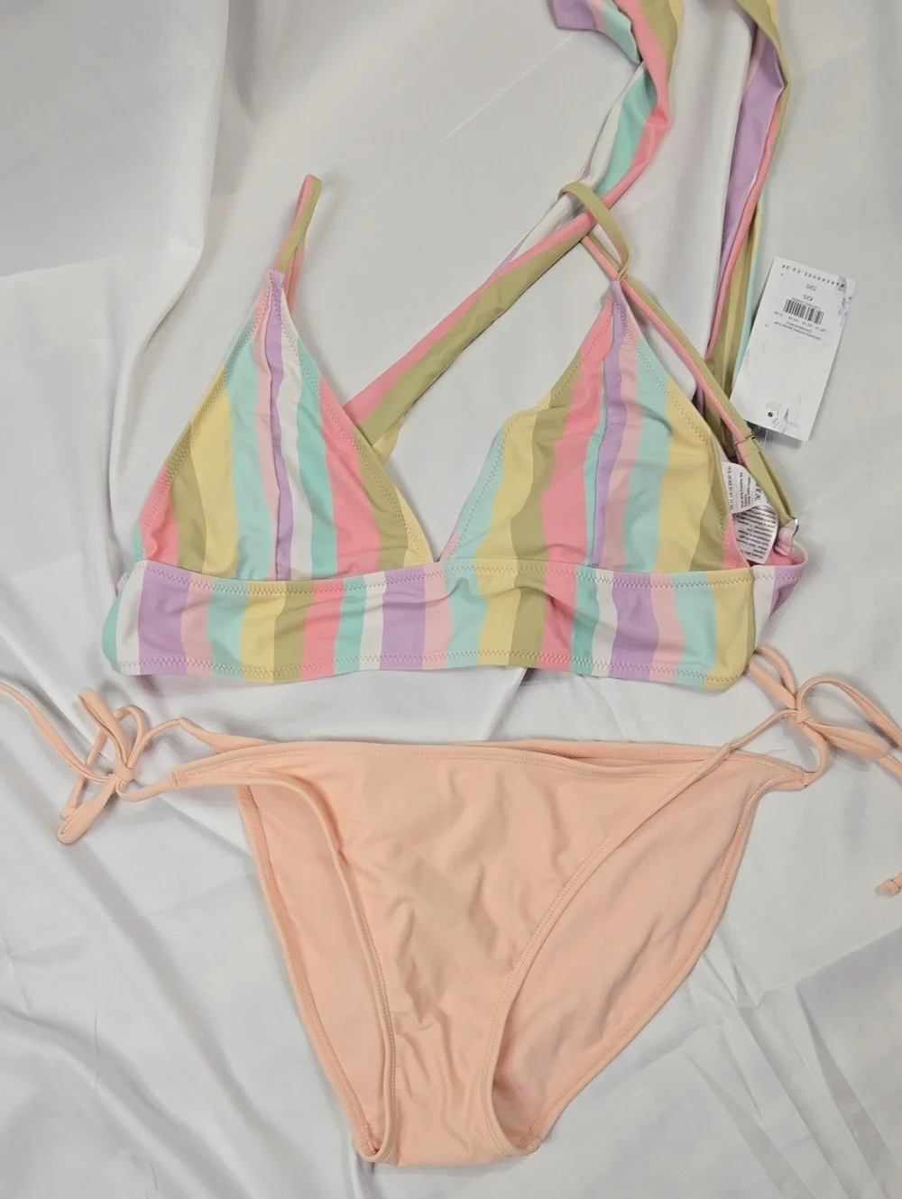 Xhilaration Pastel Striped Triangle Bikini Top with Peach Bottoms L & 10